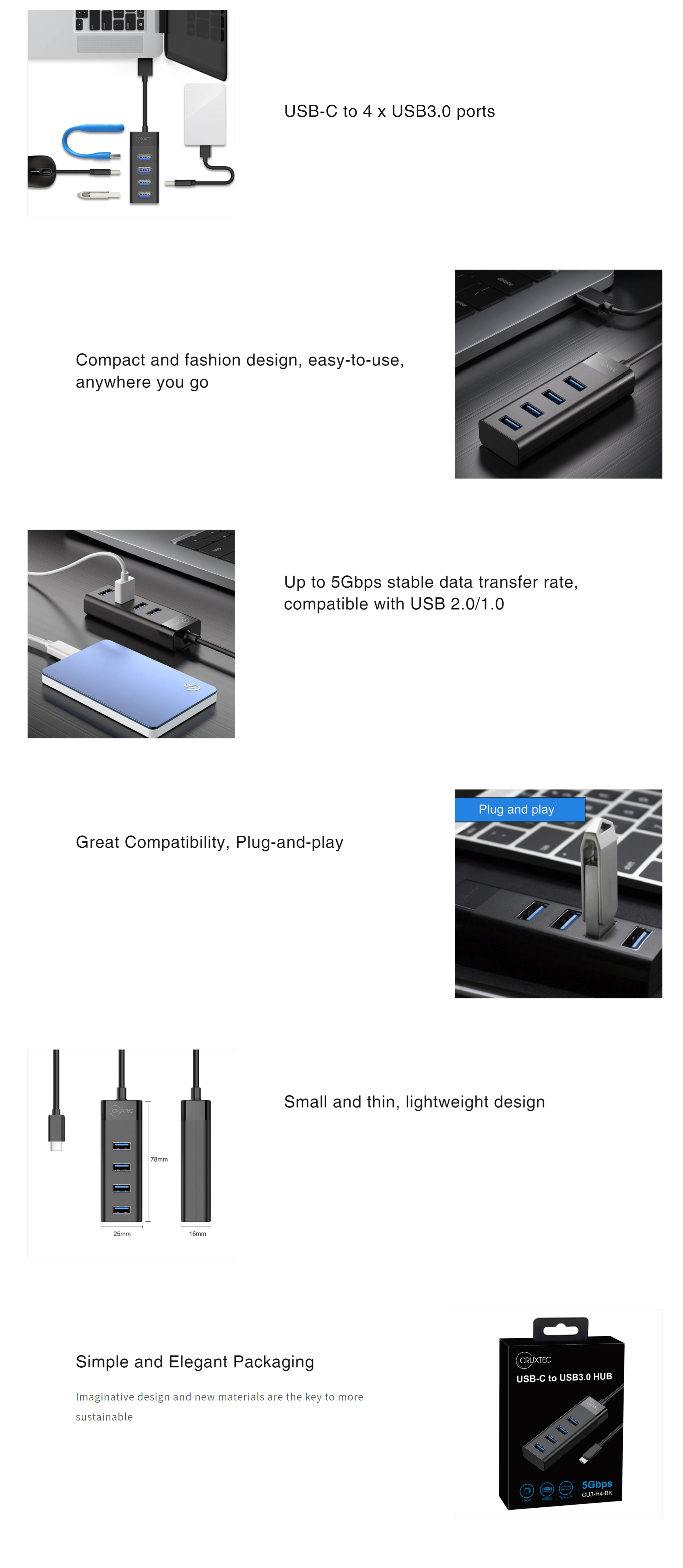 A large marketing image providing additional information about the product Cruxtec 4 Port High Speed USB-C Hub - Additional alt info not provided